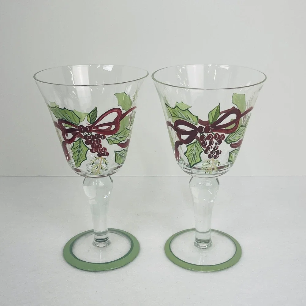 Hand Painted Christmas Holly Berry Wine Glasses Set of 2 Holiday Goblets 8.5